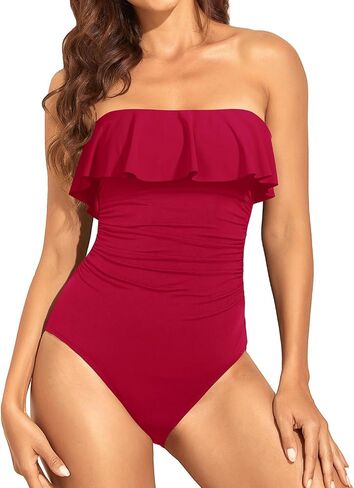 Holipick Strapless One Piece Swimsuits for Women Tummy Control Bandeau Bathing Suits Ruffle Slimming Swimwear in Saudi Arabia