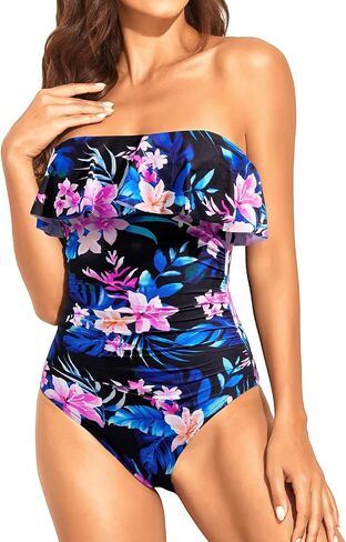 Holipick Strapless One Piece Swimsuits for Women Tummy Control Bandeau Bathing Suits Ruffle Slimming Swimwear in Saudi Arabia