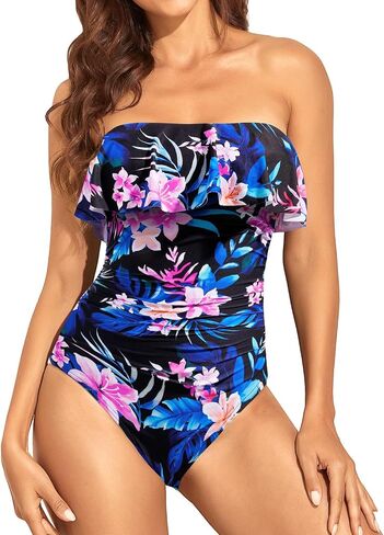 Holipick Strapless One Piece Swimsuits for Women Tummy Control Bandeau Bathing Suits Ruffle Slimming Swimwear in Saudi Arabia