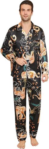 Mens Satin Pajama Sets color Pattern Long Sleeve Top and Long pants Silky Button Sleepwear in Saudi Arabia