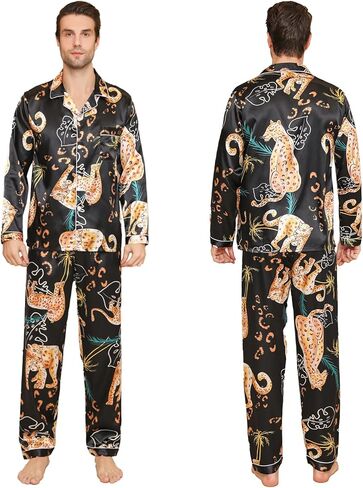 Mens Satin Pajama Sets color Pattern Long Sleeve Top and Long pants Silky Button Sleepwear in Saudi Arabia
