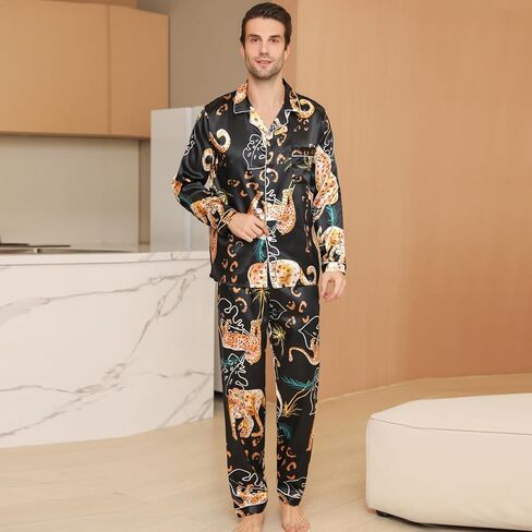 Mens Satin Pajama Sets color Pattern Long Sleeve Top and Long pants Silky Button Sleepwear in Saudi Arabia