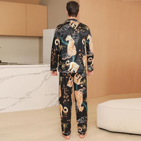 Mens Satin Pajama Sets color Pattern Long Sleeve Top and Long pants Silky Button Sleepwear in Saudi Arabia