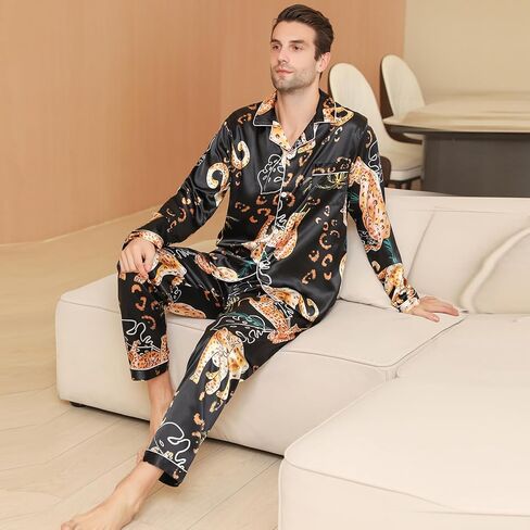 Mens Satin Pajama Sets color Pattern Long Sleeve Top and Long pants Silky Button Sleepwear in Saudi Arabia