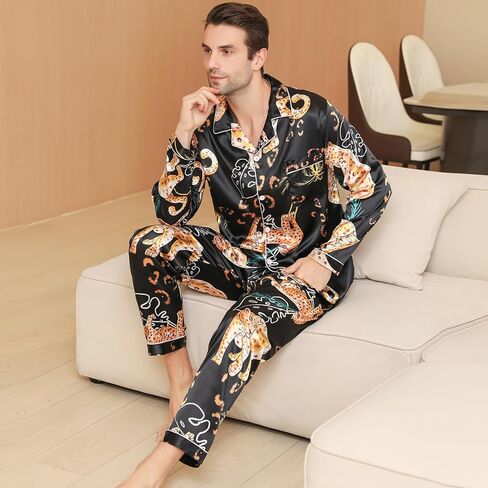Mens Satin Pajama Sets color Pattern Long Sleeve Top and Long pants Silky Button Sleepwear in Saudi Arabia