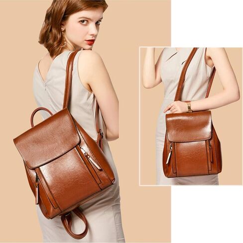 Women's Fashion Purse Backpack Multipurpose Design Shoulder Bag and Zipper Purse Genuine Leather Anti-theft Travel bag (Brown) in Saudi Arabia