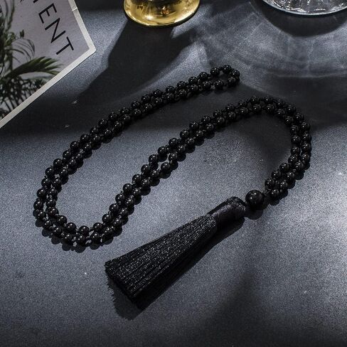 Hovaete 6MM Mala Beads Necklace Natural Stone Meditation Statement Necklace Japa Yoga Rosary Prayer Charm Beaded Tassel Necklace in Kuwait