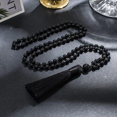 Hovaete 6MM Mala Beads Necklace Natural Stone Meditation Statement Necklace Japa Yoga Rosary Prayer Charm Beaded Tassel Necklace in Kuwait