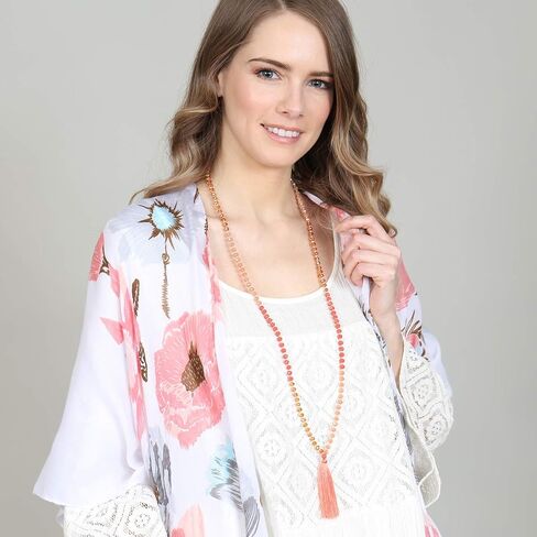 قلادة طويلة مطرزة بشرابة بوهيمية من RIAH FASHION - دمعة بوهو كريستال سباركلي، حجر طبيعي، هامش خيط حريري in Saudi Arabia