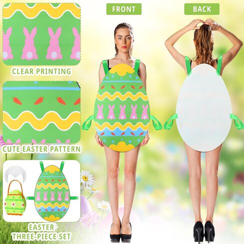 Vinsatin 3 Pcs Easter Egg Costume for Adult Colorful Cute Easter Egg Suit Hat Basket with Handle Funny Cosplay Outfit for Easter Day in Saudi Arabia