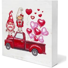 Love Sign Decor - Romantic Valentines Day Decorations Love Valentine Gnomes Truck Wood Block Plaque Sign for Home Desk Table (5 x 5 Inches)