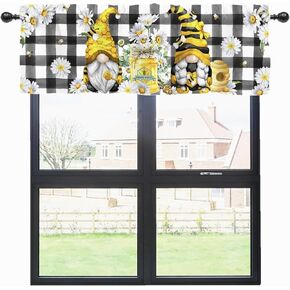 HawSkgFub Spring Summer Honey Bee Gnome Daisy Flower Kitchen Curtain Valance 54 x 18, Buffalo Plaid Short Topper Curtains Window Rod Pocket, Home Farmhouse Honeycomb Living Room Bedroom Bathroom Decor