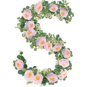 CEWOR 2pcs 12ft Artificial Eucalyptus Flower Garland with Champagne Roses, Fake Rose Floral Greenery Garland for Wedding Arch Table Wall Room Decor