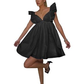 Womens Spring Summer V Neck Knot Back Causal Strap Short Flowy Swing Mini Dress