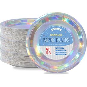 Disposable Paper Plates Iridescent, 50 Count 7" Dessert Cake Plates Bulk for Party Supplies, Colored and Sturdy Party Plates for Birthday, Halloween, Baby shower, Bridal party supplies