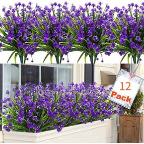 Artificial Flowers for Outdoors Fake Plants Uv Resistant, Faux Plastic Daffodils Flower for Spring Planters Outdoor Front Porch Backyard Garden Porch Patio Decoration (Purple, 7 Bundles)