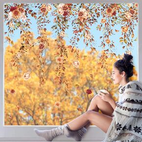 Whaline 9 Sheets Spring Summer Window Cling Watercolor Eucalyptus Flower Window Stickers Hanging Vine Floral Leaf Reusable Static Window Decals for Wedding Party Home Decor Supplies