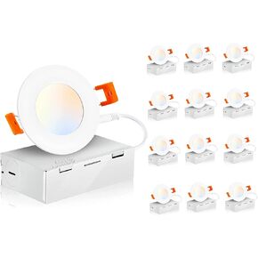 CLOUDY BAY 6 inch 3000K/ 4000K/ 5000K Three Color Temperature Selectable, Dimmable 15W CRI 90+, Ultra Thin LED Recessed Light with Junction Box, IC Rated, Air Tight, ETL/JA8, White, 12 Pack