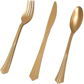 300 Count Gold Plastic Silverware Set, Disposable Dinnerware Sets, Plastic Cutlery Set Includes 100 Forks, 100 Spoons, 100 Knives, Plastic Utensils for Party, Wedding, Catering