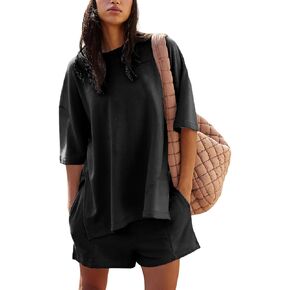 Women's 2 Piece Tracksuits Oversized Casual Sweatsuit Short Sleeve Wide Leg Pants Lounge Sets