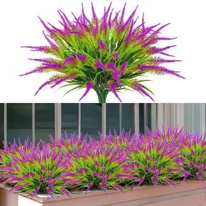 10 Bundles Artificial Outdoor Flowers UV Resistant Plants Faux Plastic Greenery Shrubs Fake Plastic Grass for Patio Garden Porch Home Window Box Decor (Purple)