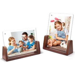 GONAT 4x6 Magnetic Picture Frames 3 Pack, Elegant Acrylic Photo Frame with Vintage Walnut Color Wooden Base for Tabletop Display and Desk Decor