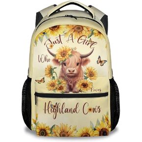 Girls Backpack - 17 Inch Large Capacity Highland Cow Bookbag - Lightweight Kids' Backpacks for Elementary, Preschool & Travel