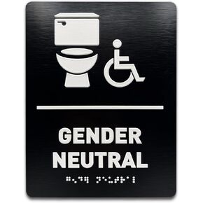 All Gender Restroom Identification Sign - ADA Compliant Bathroom Sign, Raised Icons, Raised Braille, Brushed Black, TCO Inspection Certified (6" W x 8" H) - by GDS