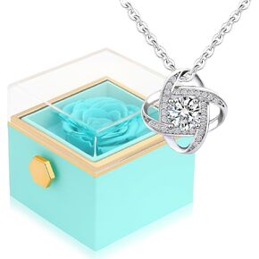 BONJOULRY Preserved Real Rose with 925 Sterling Silver Love Knot Necklace Eternal Forever Flowers Gift for Girlfriend, Wife Daughter Mom on Birthday Valentines Day Anniversary Pink Box