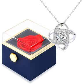 BONJOULRY Preserved Real Rose with 925 Sterling Silver Love Knot Necklace Eternal Forever Flowers Gift for Girlfriend on Proposal, Wife Daughter Mom on Birthday Valentines Day Anniversary Pink Box