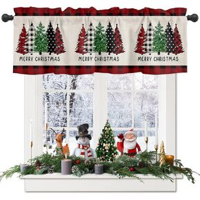 Merry Christmas Kitchen Curtain Valance, Trees Xmas Tree Winter Red Black Buffalo Check Plaid Rod Pocket Valance Short Window Treatment Decor Curtains for Bathroom Bedroom,1 Panel 54" x 18"