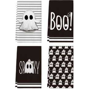 Artoid Mode Pink Stripes Ghost Boo Spooky Halloween Kitchen Towels Dish Towels, 18x26 Inch Bow Knot Decoration Hand Towels Set of 4