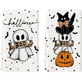 Artoid Mode Black Cat Pumpkin Ghost Halloween Kitchen Towels Dish Towels, 18x26 Inch Bats Jack-O'-Lantern Decoration Hand Towels Set of 2