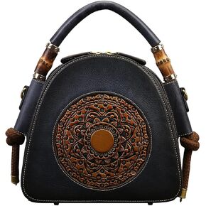 Zhuoliang Genuine Leather Pocketbooks for Women, Retro Organizer Top Handle Satchel Totem Leather Handbag Ladies