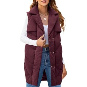 Fazortev Womens Long Quilted Puffer Vest Sleeveless Warm Down Jackets Coats with Pockets