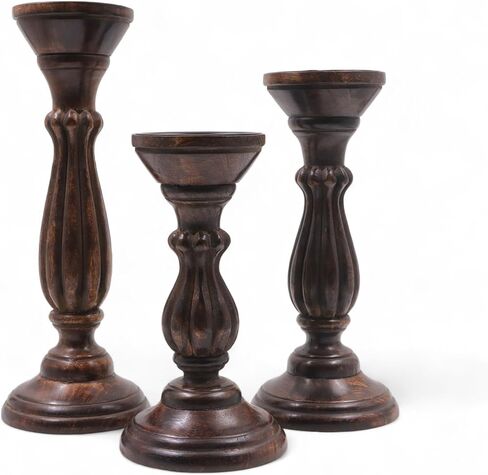Hosley Set of 3 Dark Brown Wood Pillar Candle Holders 8 Inches 6 Inches and 4.25 Inches High Ideal for LED and Pillar Candles Gifts for Weddings Party Home Spa Reiki Aromatherapy in Kuwait