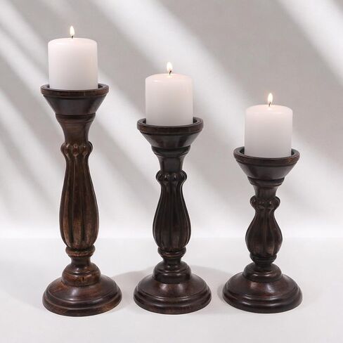 Hosley Set of 3 Dark Brown Wood Pillar Candle Holders 8 Inches 6 Inches and 4.25 Inches High Ideal for LED and Pillar Candles Gifts for Weddings Party Home Spa Reiki Aromatherapy in Kuwait