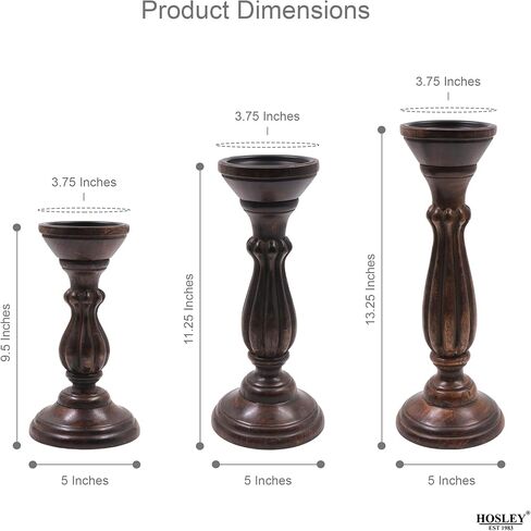 Hosley Set of 3 Dark Brown Wood Pillar Candle Holders 8 Inches 6 Inches and 4.25 Inches High Ideal for LED and Pillar Candles Gifts for Weddings Party Home Spa Reiki Aromatherapy in Kuwait