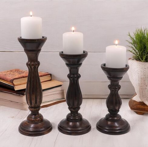 Hosley Set of 3 Dark Brown Wood Pillar Candle Holders 8 Inches 6 Inches and 4.25 Inches High Ideal for LED and Pillar Candles Gifts for Weddings Party Home Spa Reiki Aromatherapy in Kuwait
