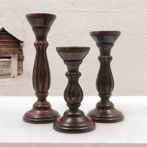 Hosley Set of 3 Dark Brown Wood Pillar Candle Holders 8 Inches 6 Inches and 4.25 Inches High Ideal for LED and Pillar Candles Gifts for Weddings Party Home Spa Reiki Aromatherapy in Kuwait