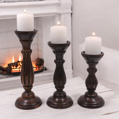 Hosley Set of 3 Dark Brown Wood Pillar Candle Holders 8 Inches 6 Inches and 4.25 Inches High Ideal for LED and Pillar Candles Gifts for Weddings Party Home Spa Reiki Aromatherapy in Kuwait