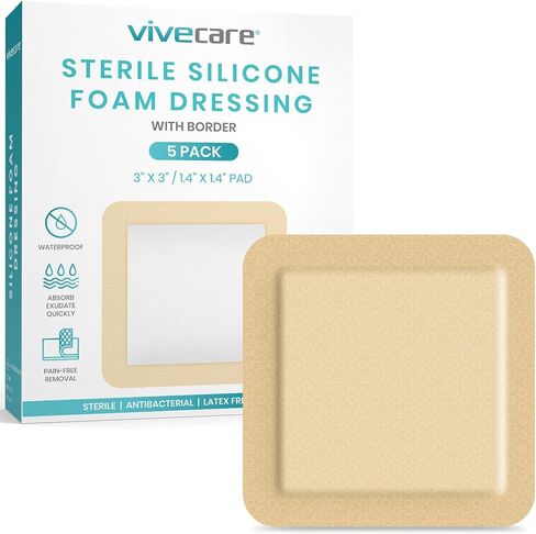 ViveCare Silicone Foam Dressing 2x2 with Border Adhesive - Bed Sore Bandage Foam Wound Dressing - Silicone Bordered Foam Dressing with Adhesive Border - Pressure Sore & Ulcer Wound Patches (5 Pack) in Kuwait