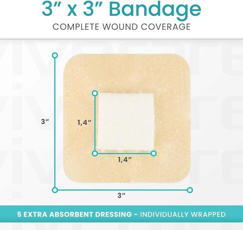 ViveCare Silicone Foam Dressing 2x2 with Border Adhesive - Bed Sore Bandage Foam Wound Dressing - Silicone Bordered Foam Dressing with Adhesive Border - Pressure Sore & Ulcer Wound Patches (5 Pack) in Kuwait