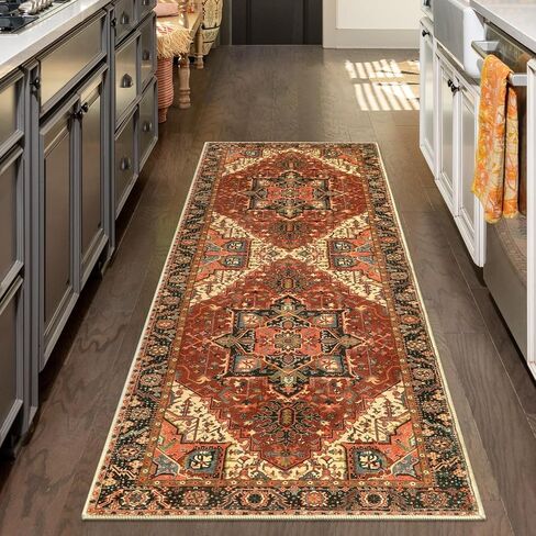 LEEVAN Indoor Door Mat, Vintage Non-Slip Entryway Rug 24''x36'', Oriental Distressed Kitchen Rug, Washable Low Pile Doormat for Home Patio/Back Door/Porch（Ivory/Blue Rust in Kuwait