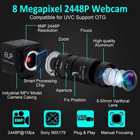 QILOVE USB Camera 2.8-12mm Varifocal Lens 8Megapixel Webcam with IMX179 (1/3.2'') 8mp Webcam for Android Linux Windows Industrial Video in Kuwait