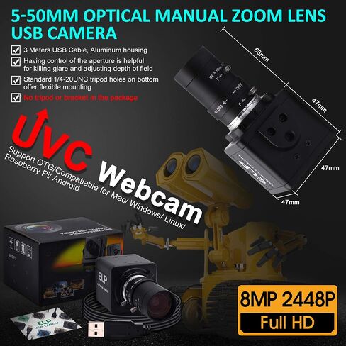 QILOVE USB Camera 2.8-12mm Varifocal Lens 8Megapixel Webcam with IMX179 (1/3.2'') 8mp Webcam for Android Linux Windows Industrial Video in Kuwait