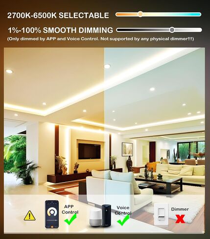 CLOUDY BAY 6 بوصة 3000K/ 4000K/ 5000K ثلاثة ألوان قابلة للاختيار، 15 وات CRI 90+، إضاءة LED رفيعة للغاية مع صندوق توصيل، تصنيف IC، محكم الهواء، ETL/JA8، أبيض، 12 حزمة in Saudi Arabia