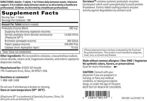 Klaire Labs Serralase - Vegetarian Proteolytic Enzyme Blend with Serratia Peptidase & Bromelain for Digestion, Sourced from Papaya & Pineapple, Hypoallergenic (90 Enteric Coated Tablets) in Saudi Arabia