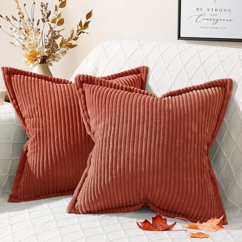 Mecatny Corduroy Pillow Covers 18x18 Inch Set of 2 - Striped Throw Pillow Covers with Wide Border for Living Room, Bed - Soft Square Decorative Pillow Covers for Couch - Cream White in Saudi Arabia