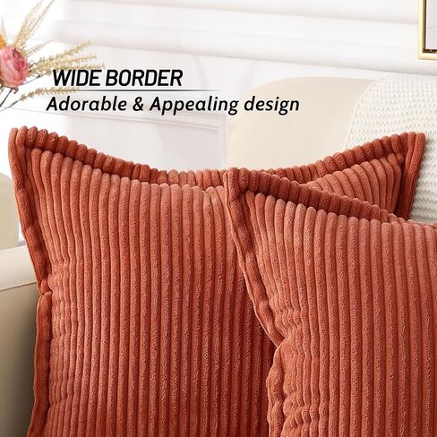 Mecatny Corduroy Pillow Covers 18x18 Inch Set of 2 - Striped Throw Pillow Covers with Wide Border for Living Room, Bed - Soft Square Decorative Pillow Covers for Couch - Cream White in Saudi Arabia